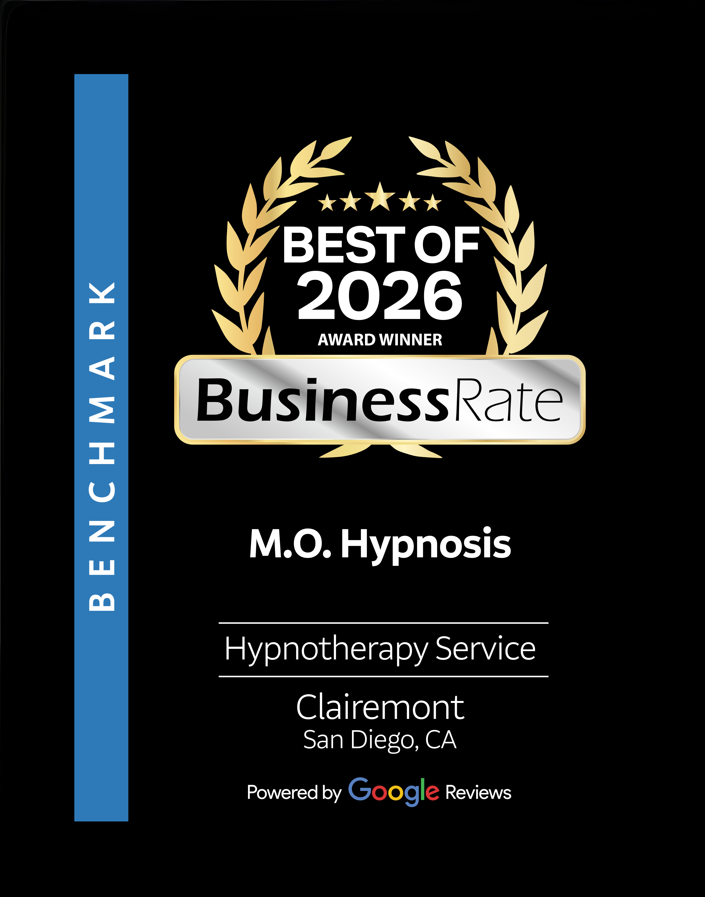 BusinessRate Best of 2026 Award Winner — M.O. Hypnosis, Hypnotherapy Service in Clairemont, San Diego, CA, powered by Google Reviews