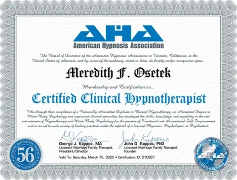 Meredith Osetek American Hypnosis Association clinical hypnotherapy certificate