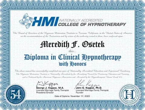 Meredith Osetek diploma in clinical hypnotherapy