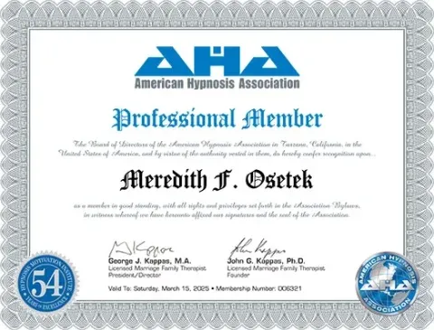 Meredith Osetek American Hypnosis Association professional membership certificate